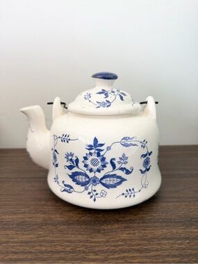 Vintage Blue Floral Ceramic Teapot White and Blue Cottage Art Coquette Style